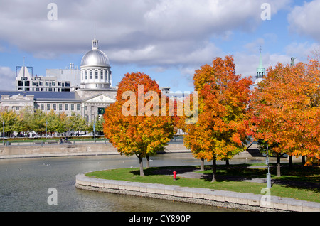 Canada, Quebec, Montreal. Historic 'Old Port' area of Montreal. Silver dome of Neo-Renaissance Bonsecours Market in Fall. Stock Photo