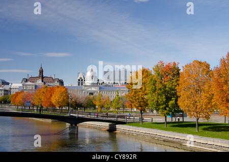 Canada, Quebec, Montreal. Historic 'Old Port' area of Montreal. Silver dome of Neo-Renaissance Bonsecours Market in Fall. Stock Photo