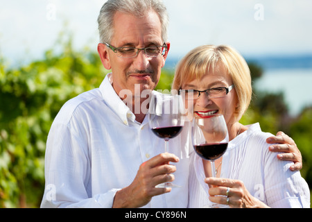 Happy couple drinking wine at lake in summer Stock Photo