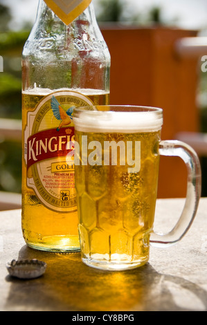 Vertical close up of a cool bottle of Kingfisher beer and a full glass on a table in India. Stock Photo