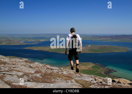 Hiker on Ward Hill, Island of Hoy, Orkney Stock Photo