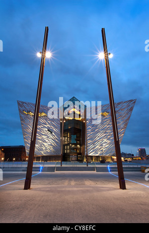 Night shot of Titanic Belfast visitor centre, Northern Ireland.