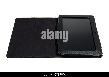 white tablet pc in black leather case with black empty screen isolated on white background Stock Photo