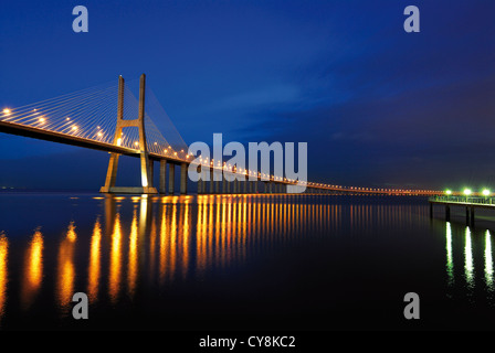 Portugal, Lisbon: Bridge Ponte Vasco da Gama by night Stock Photo