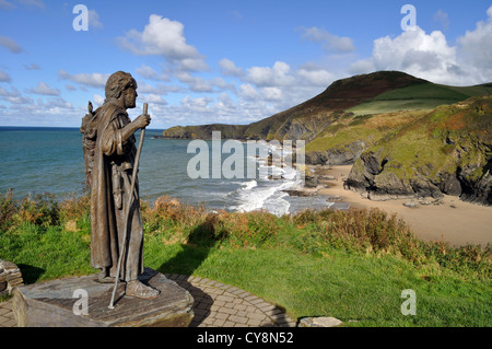 Statue of Saint Carannog overlooking Llangrannog, Ceredigion, Wales, Great Britain Stock Photo