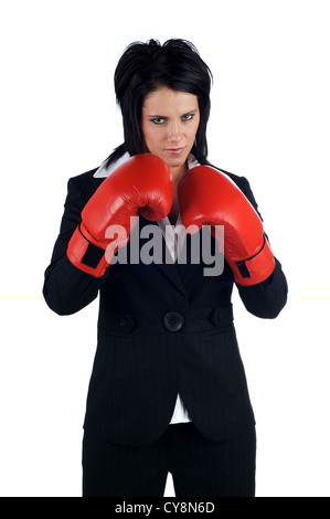 Business woman wearing red boxing gloves isolated on a white background Stock Photo