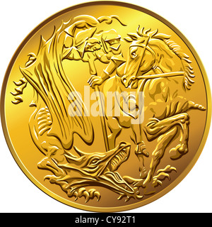 British money gold coin sovereign, with the image of St. George slaying the serpent, isolated on white background Stock Photo