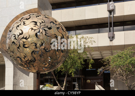 The Tree of Gold sculpture by Eamonn O'Doherty outside offices of Central Bank of Ireland headquarters in Dublin, Ireland, Eire Stock Photo
