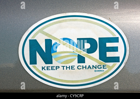 2012 Barack Hussein Obama  'Nope - Keep the Change' political campaign sticker on an auto's rear bumper. Stock Photo