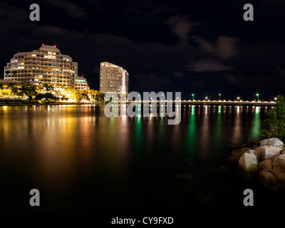 Mandarin Oriental Hotel Brickell Key Drive, Dodge Island at night, Miami Beach Florida, USA. Stock Photo