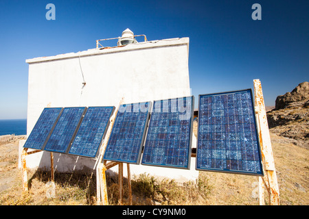 Solar panels used to power a lighthouse above Myrina on Lemnos, Greece. Stock Photo