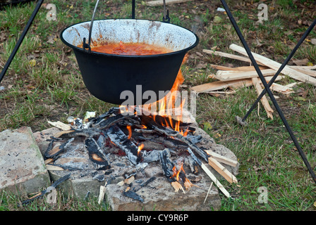 Over the fire hangs a pot in which to cook food. On a hook on a tripod,  steam comes out of the pan. Winter Camping outdoor cooking Stock Photo -  Alamy