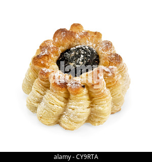 Layered bun with prunes and powdered sugar isolated on white background Stock Photo