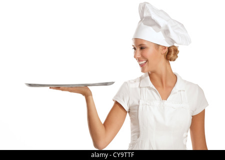 young woman chef with different tools on white Stock Photo