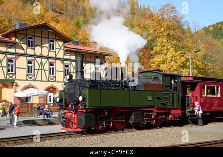 Harzer Schmalspurbahnen heritage steam train at  Eisfelder Talmühle station Selketalbahn . Mallet 99 5902 built 1898. Stock Photo