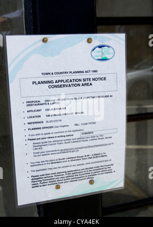 Planning Application site notice Conservation Area sign in shop window requesting change of use Stock Photo