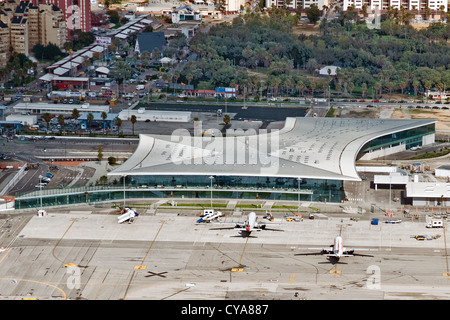 The new Terminal at Gibraltar Airport, completed in 2012. Seen from high on the Rock of Gibraltar Stock Photo