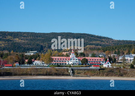 Canada, Quebec, St. Lawrence River at Tadoussac. Saguenay River view of the historic landmark Hotel Tadoussac, c.1864. Stock Photo