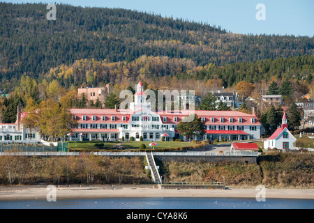 Canada, Quebec, St. Lawrence River at Tadoussac. Saguenay River view of the historic landmark Hotel Tadoussac, c.1864. Stock Photo
