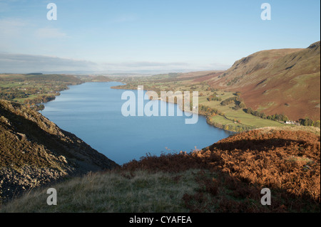 An elevated camera view of Lake Ullswater in the Lake District in Cumbria in the UK. Stock Photo