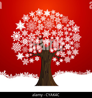 White Christmas snowflakes tree over red background. Vector illustration layered for easy manipulation and custom coloring. Stock Photo