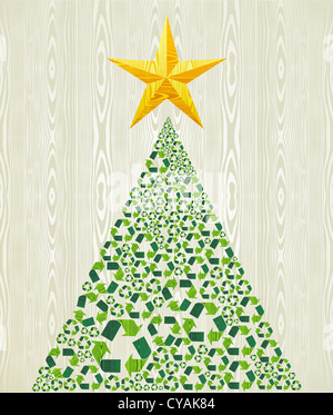 Christmas recycle pine tree over wooden seamless pattern background. Vector illustration layered for easy manipulation and custom coloring. Stock Photo