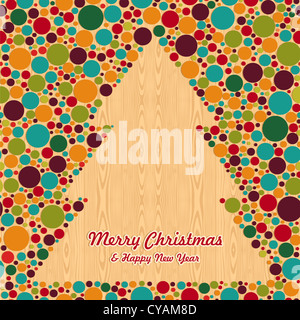 Abstract Christmas circle tree over wooden background greeting card. Vector illustration layered for easy manipulation and custom coloring. Stock Photo