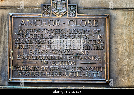 Sign for Anchor Close, off The Royal Mile, Edinburgh, Scotland Stock Photo