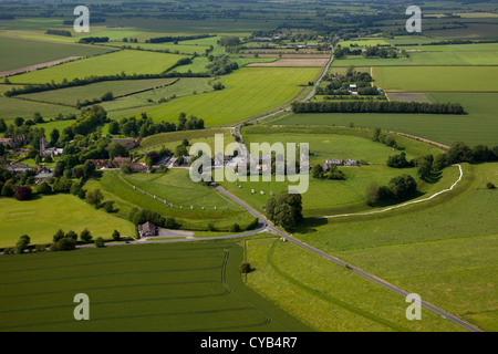 Aerial view of Avebury village and neolithic henge stone circle, Wiltshire, England Stock Photo