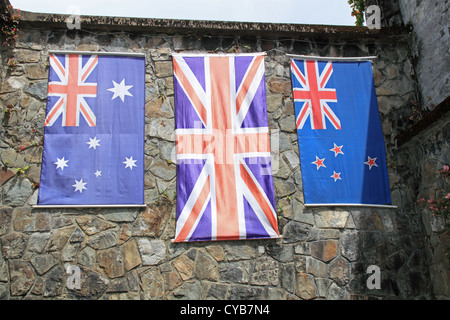 Australian, British and New Zealand flags at Kundasang War Memorial, Ranau, Sabah, Borneo, Malaysia, Southeast Asia Stock Photo