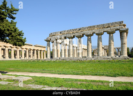 Temple of Hera (aka the Basilica), 530 BC, Temple of Neptune in background.Paestum, south of Naples. Stock Photo