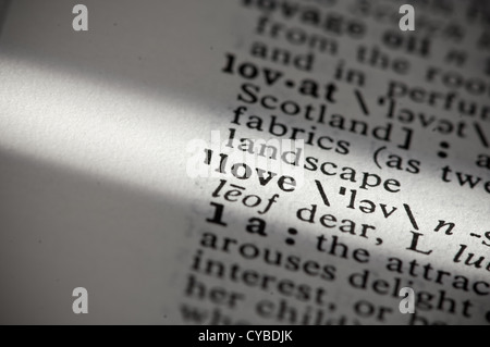 Closeup of a page in an English dictionary with the word 'love' highlighted. Stock Photo