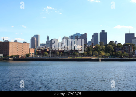 Boston Massachusetts Downtown City Skyline Buildings Seen From A Boat In Boston Harbor, September 2012 Stock Photo