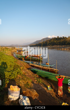 Typical Riverboats on the River Mekong near Luang Prabang, Laos Stock Photo