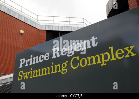Prince Regent Swimming Complex sign on the wall of a building in Brighton, East Sussex, UK. Stock Photo
