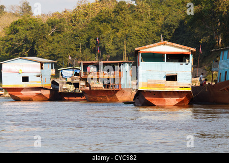 Typical Riverboats on the River Mekong near Luang Prabang, Laos Stock Photo