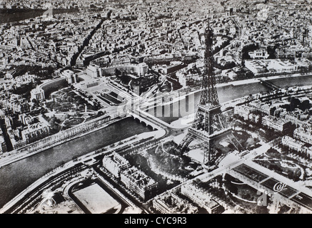 An aerial view of the Eiffel tower in Paris in an old postcard Stock Photo