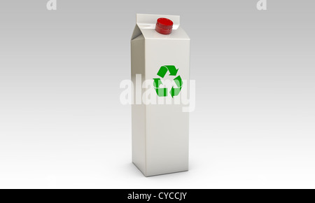 milk packages with red cap and recycle symbol isolated on black background Stock Photo