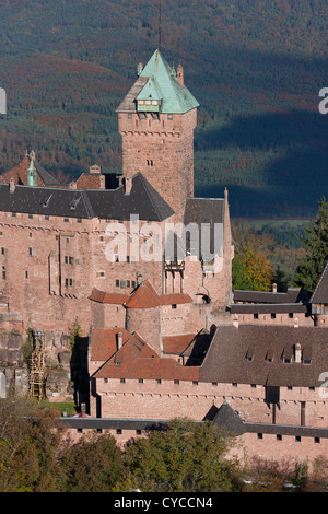 AERIAL VIEW. The 62-meter-high keep of the Haut-Koenigsbourg Castle on the eastern Vosges Mountains. Orschwiller, Bas-Rhin, Alsace, Grand Est, France. Stock Photo