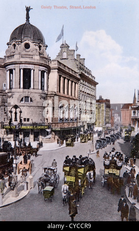 Gaiety Theatre Strand London Uk. Horse drawn omnibus traveling from the Strand to Hammersmith in west London. Stock Photo