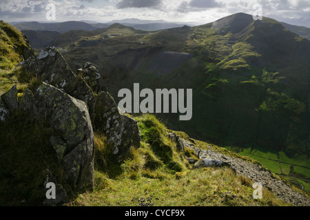 View from the summit of Cnicht (The Knight) mountain, looking across Cwm Croesor towards Moelwyn Mawr, Snowdonia, North Wales. Stock Photo