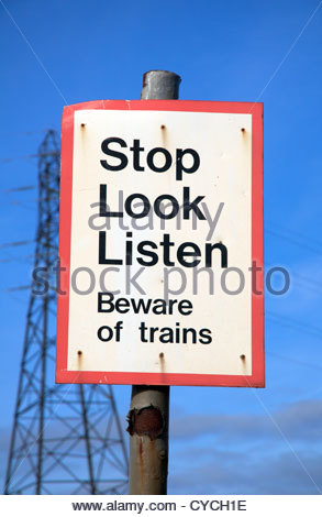 Stop Look Listen Beware of Trains Warning Sign at a Level Crossing ...