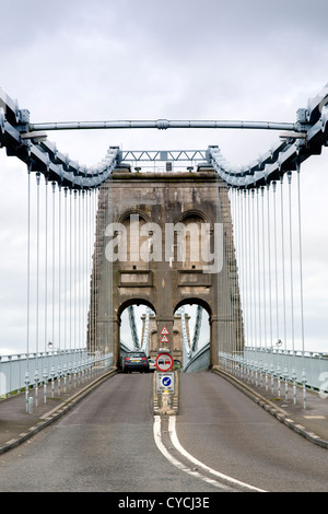 Menai bridge crossing Menai Straits to Anglesey from the mainland in Wales, UK, designed by Thomas Telford Stock Photo