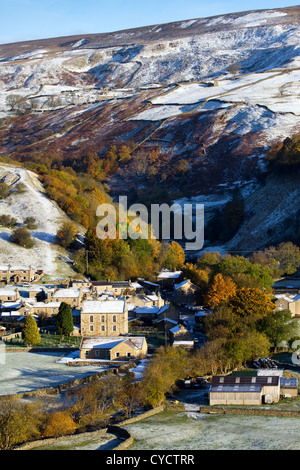 Autumn Snow landscape on Melbecks Moor and Gunnerside Gill. The hillside and distant hills & dales in Swaledale, North Yorkshire Dales, UK Stock Photo