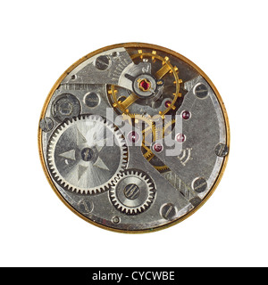 Clockwork details, pinions and wheels macro closeup isolated on white Stock Photo