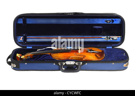 Violin and bow in a blue velvet carrying case isolated on white Stock Photo