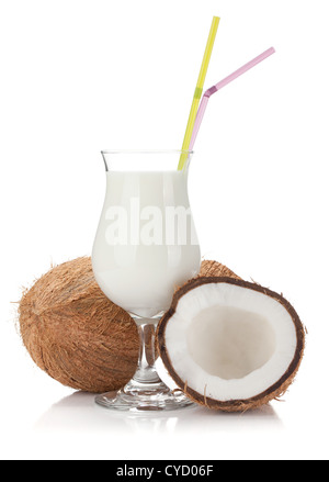 Coconut cream cocktail and coconuts. Isolated on white background Stock Photo