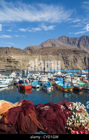 Fishing nets and boats in Puerto de Las Nieves, Agaete, Gran Canaria, Canary Islands, Spain Stock Photo