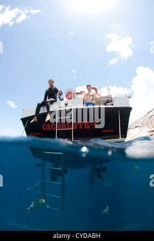 Scuba diving prepared boat with tourists at Laje de Santos marine state park, 20 miles offshore from Santos, São Paulo, Brazil Stock Photo