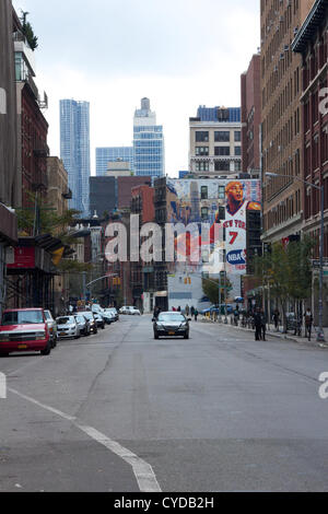 NEW YORK, NY - OCTOBER 31, 2012: Streets in the blackout zone in Lower Manhattan lie eerily deserted in New York, NY, on October 31, 2012. Stock Photo